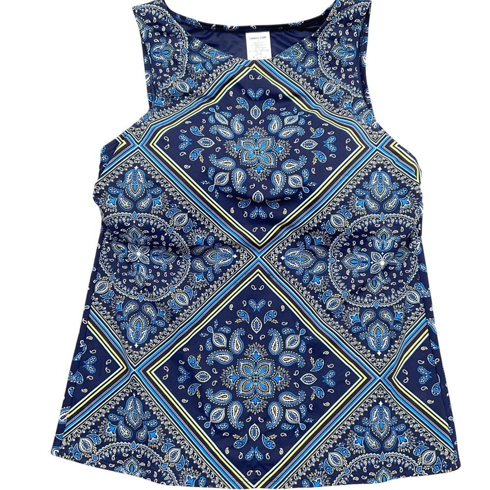 Lands' End Tankini Top Women 14 Blue Paisley Built-In Bra Tank Swim